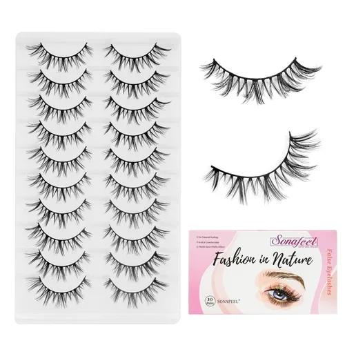 Miniatura 12 de Pestañas naturales de ojo de gato, ligeras, reutilizables, con banda transparente, paquete de 10 pares, pestañas postizas de visón sintético