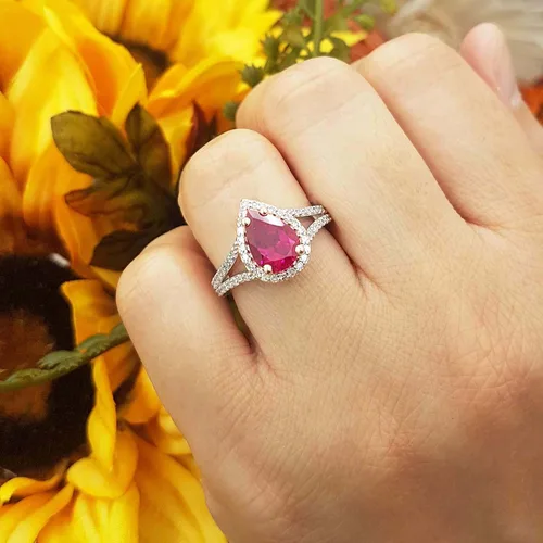 Miniatura 64 de Dazzlingrock Collection Anillo de compromiso con forma de lágrima y diamante blanco natural redondo de 0.45 quilates con halo de diamantes blancos