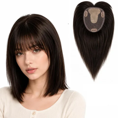 Miniatura 14 de Peluca de cabello humano para mujer con flequillo, peluca con clip para cabello fino + base de cuero cabelludo de poliuretano de alta densidad