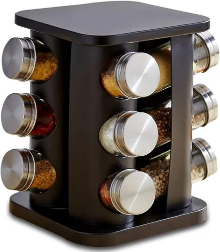 Organizador giratorio para especias con 12 tarros, torre de condimentos de especias para encimera con 12 botellas de vidrio recargables para armario