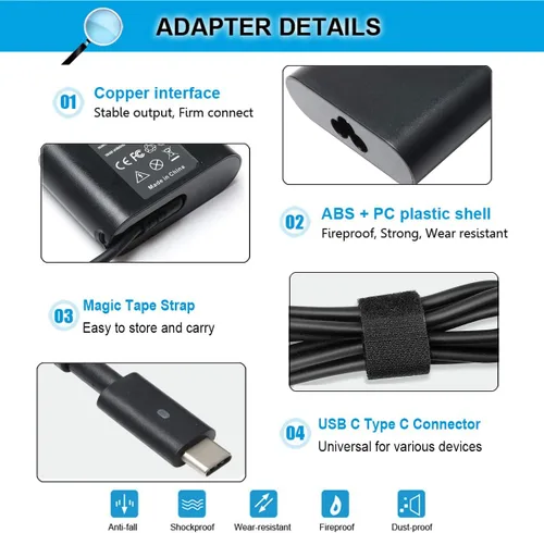 Miniatura 3 de Cargador USB-C tipo C de 65 W para Dell XPS 13 9350 9360 9365 9370 9380 12 9250 Latitude 7275 7370 5175 5285 5290 7390 2 en 1 LA65NM170 HA66 5NM17 0