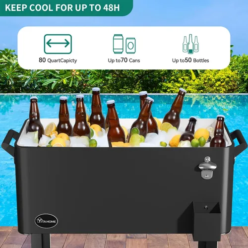 Miniatura 3 de YITAHOME Carro enfriador con ruedas de 80 cuartos de galón con abridor de botellas, enfriador portátil para patio con ruedas, carrito de bebidas