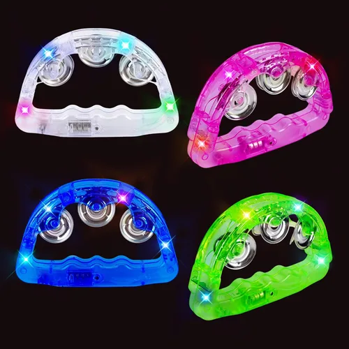 Miniatura 10 de Panderetas musicales con luz LED: pandereta intermitente de mano que brilla en la oscuridad, suministros de fiesta, panderetas LED, instrumento