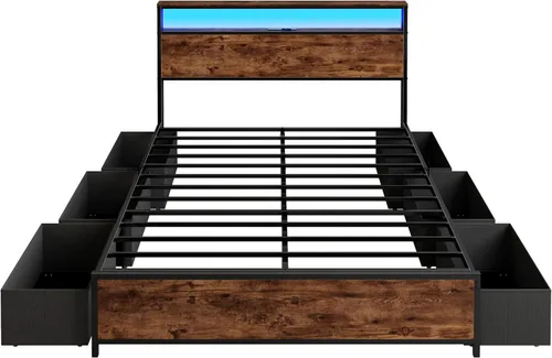 Miniatura 9 de Forestell Full Size Bed Frame with Storage Headboard & 6 Drawers, Metal Platform Bed Frame with LED Lights & Charging Station, 2 Tier Shelf Storage