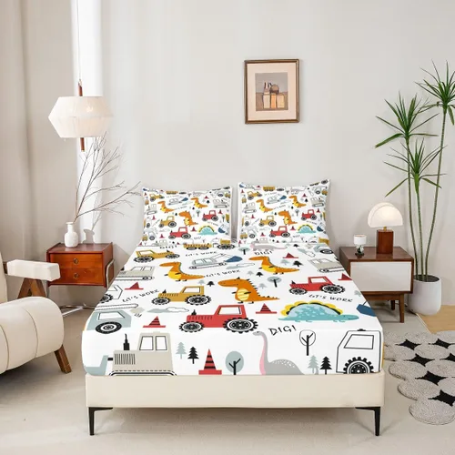 Miniatura 2 de Feelyou, juego de sábanas ajustadas con temática de construcción, niños, dinosaurios de dibujos animados, juego de ropa de cama para niños, Multi 37