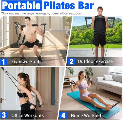 Miniatura 5 de Kit de barra de pilates Bbtops con bandas de resistencia, barra de pilates con bandas apilables, equipo de entrenamiento para piernas, cadera, Negro