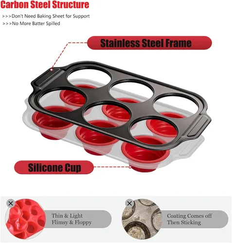 Miniatura 3 de Molde de Silicona para Muffins, Moldes para Muffins de 6 Cavidades para Hornear con Marco de Metal, Molde para Cupcakes, Moldes para Bocados de 6