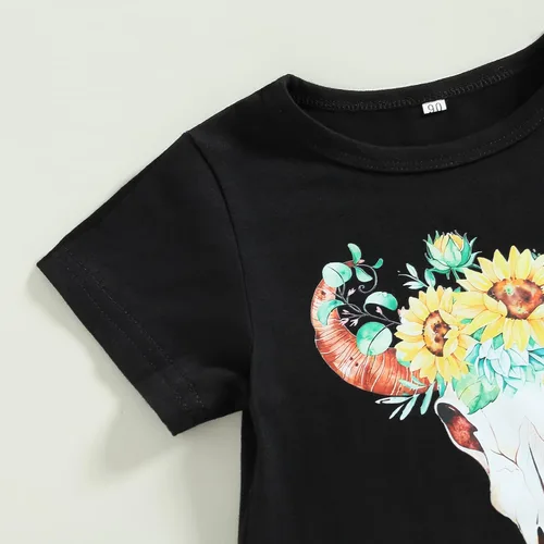 Miniatura 101 de fhutpw Conjunto de camiseta de manga corta con estampado de vaca y pantalones acampanados de dibujos animados para niñas