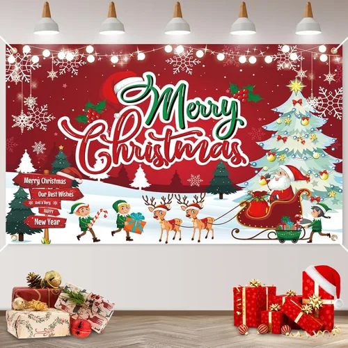 Miniatura 8 de Cartel de Navidad al aire libre, gran tela azul decoraciones de Feliz Navidad con Papá Noel renos regalos de fondo, cartel de Navidad para patio