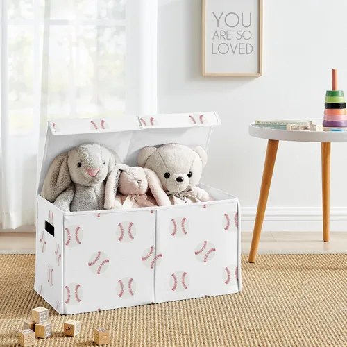 Miniatura 2 de Sweet Jojo Designs Caja de almacenamiento de juguetes de tela roja y blanca para niños, para niños, para colección de parches de béisbol