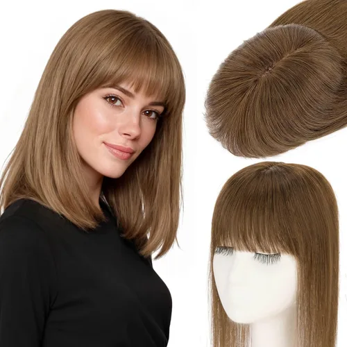 Miniatura 14 de Rich Choices Toppers de cabello humano para mujer, 100% real Remy con flequillo 3D de 360°, densidad del 150% mejorada, 3.5 x 4.7 in, base de encaje