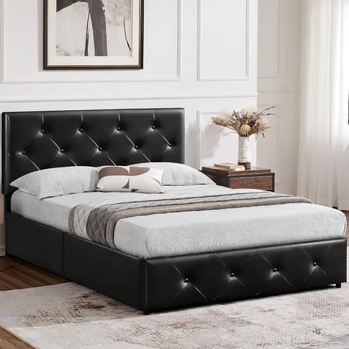 Miniatura 29 de Topeakmart Base de cama de plataforma tapizada tamaño Queen con cabecera ajustable en altura y 3 cajones de almacenamiento, base de colchón de piel