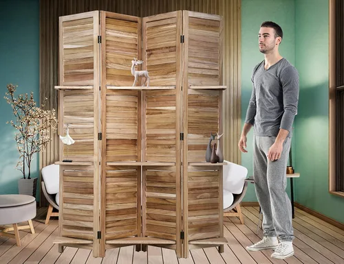 Miniatura 8 de Separadores de habitación de madera de 4 paneles con estantes, pantallas de privacidad plegables, pantalla de partición portátil, 6 pies de alto