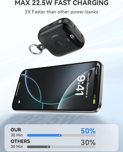 Miniatura 4 de Cargador portátil, 10,000 mAh, 22,5 W, banco de energía de carga rápida con cables integrados, paquete de baterías esenciales de viaje con pantalla