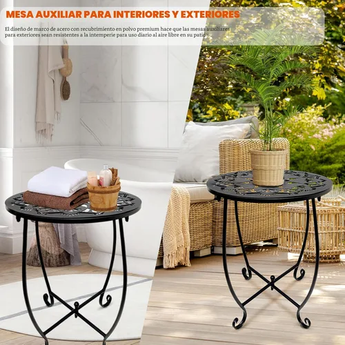 Miniatura 6 de Fashion&cool Paquete de 2 mesas auxiliares para exteriores, mesa auxiliar redonda de 14 pulgadas, mesa auxiliar de metal resistente a la intemperie