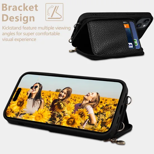 Miniatura 5 de Funda compatible con iPhone 15 de 6.1 pulgadas, cremallera cruzada con ranuras para tarjetas de bloqueo RFID, soporte, cordón y correa de mano