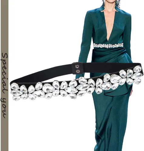 Miniatura 21 de Cinturón de diamantes de imitación para mujer, cinturones de vestir brillantes y delgados, cinturones de cintura elásticos para dama elegante