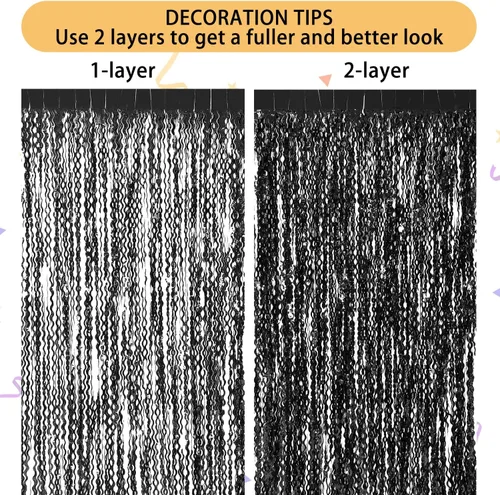 Miniatura 5 de Paquete de 3 Decoraciones de Año Nuevo Cortinas Onduladas de Flecos de Oropel Metálico Negro Telón de Fondo para Fiestas 3.3 x 6.6 pies Telón