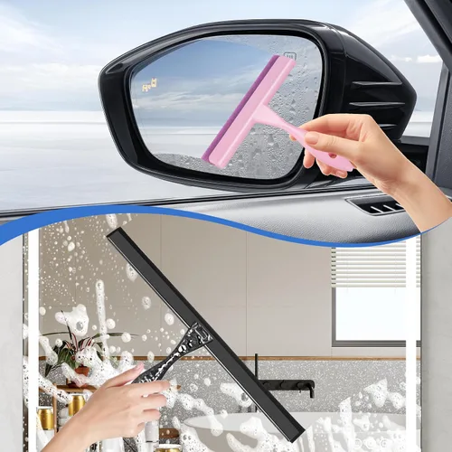 Miniatura 6 de Escobilla de ducha de silicona multiusos para puerta de cristal de ducha, con 2 ganchos y mini escobilla rosa, para vidrio de baño, automóvil, pared