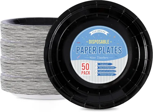 Platos de Papel Desechables Negros, 50 Unidades Platos de Postre para Pastel de 7 Pulgadas a Granel para Suministros de Fiesta, Platos de Fiesta