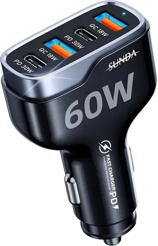 SUNDA Cargador de Coche USB C Rápido de 60W | Adaptador de Carga de Coche de 4 Puertos | Dual Tipo C PD30W/PPS30W Compatible con iPhone 17/16