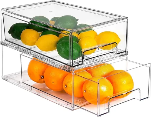 Miniatura 9 de Paquete de 2 organizadores de nevera y almacenamiento con cajón extraíble, cajones de almacenamiento apilables, organizadores de refrigerador