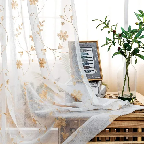 Cortinas traslúcidas doradas de 45 pulgadas de largo, cortinas de gasa bordadas florales con bolsillo para barra, para sala de estar, dormitorio,