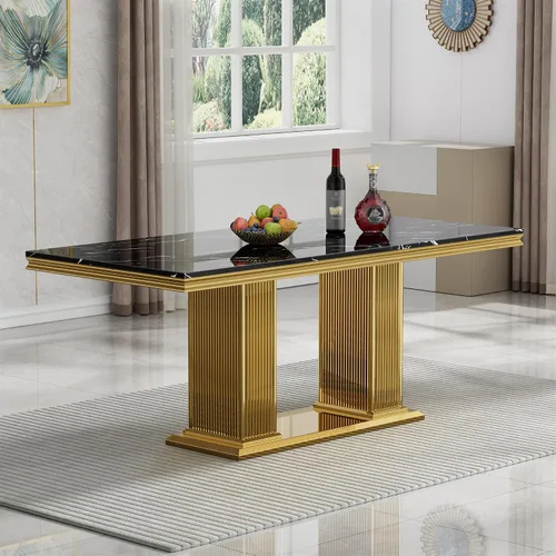 Miniatura 8 de Henf Juego de mesa de comedor de mármol sintético de 68 pulgadas para 6, juego de mesa de comedor de 7 piezas con 6 sillas copetudas de terciopelo