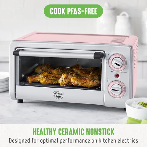 Miniatura 2 de GreenLife Horno tostador de encimera con freidora de aire de acero inoxidable, cerámica antiadherente saludable, libre de PFAS, bandeja y cesta, Rosa