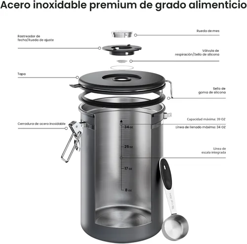 Miniatura 5 de Veken Recipiente para café, 39OZ grande, contenedor hermético de acero inoxidable para almacenamiento de alimentos para 2.2lbs de café en grano, Gris