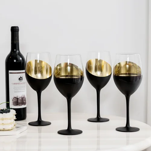 Miniatura 4 de MyGift Copas de vino modernas inclinadas de 14 onzas con tallo negro mate y dorado, diseño elegante en ángulo con copas de cristal de acento Latón