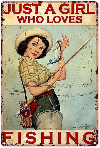 Cartel de aluminio de metal con texto en inglés «Girl Fishing Just A Girl Who Loves Fish», póster vintage de aluminio para decoración de pared para