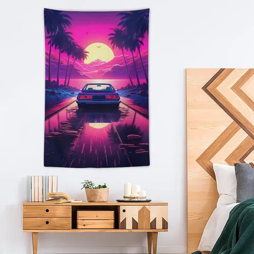 Miniatura 4 de QEOPGNE Synthwave - Tapiz morado para automóvil deportivo de anime, arte de pared de automóvil de carreras de neón, Vaporwave de neón, decoración