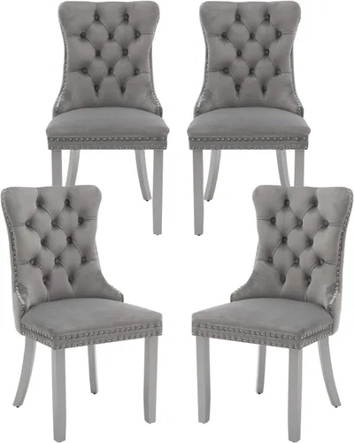 Miniatura 69 de Juego de 2 sillas de comedor de terciopelo, silla de comedor tapizada de alta gama con tirador de anillo en la espalda, adorno de clavos y patas