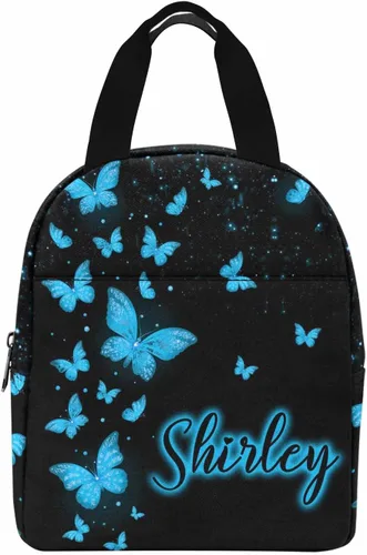 Miniatura 15 de InterestPrint Bolsa de almuerzo con nombre personalizado para hombres y mujeres, diseño de mariposa rosa y azul personalizada, caja de almuerzo