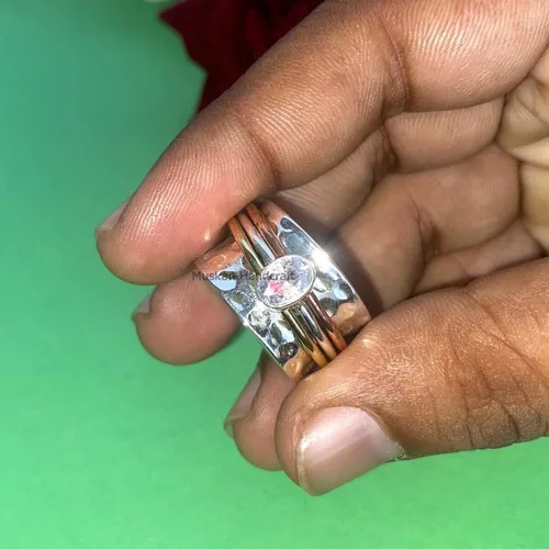 Miniatura 6 de Anillo giratorio hecho a mano de plata de ley 925 / anillo giratorio martillado / anillo giratorio de 3 tonos/anillo de banda bohemio/anillo