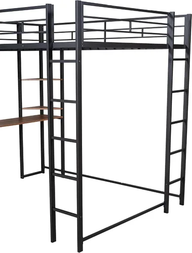 Miniatura 6 de Merax Cama alta de metal de tamaño matrimonial que ahorra espacio con 2 estantes y 1 escritorio, dos escaleras integradas y barandillas, no necesita