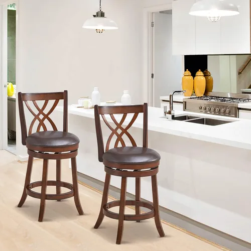 Miniatura 2 de COSTWAY Juego de 2 taburetes de bar, sillas giratorias de 360° con marco de madera de goma, asiento acolchado de piel sintética de 24 pulgadas