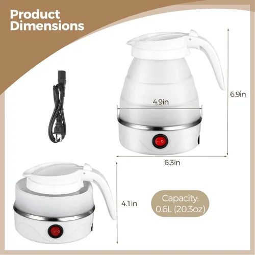 Miniatura 3 de Hervidor eléctrico portátil de 110 V 600 W, caldera de agua plegable de silicona de tamaño de viaje de 0.6 L, pequeña tetera eléctrica para café
