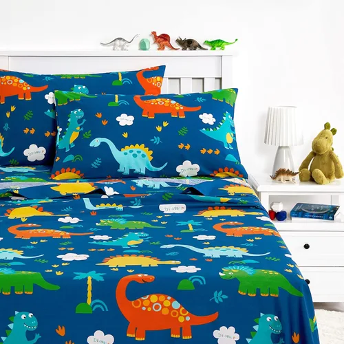 Wake In Cloud - Sábanas de dinosaurio para niños, 100% algodón, juego de sábanas de 4 piezas para niños, lindo estampado colorido de dibujos Azul