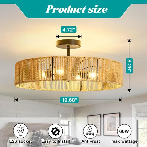 Miniatura 2 de hesoge Lámpara de techo de ratán estilo bohemio, rústico, color negro, semiempotrada, de 20 pulgadas, 4 luces, para casa de campo, pasillo
