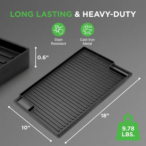 Miniatura 3 de NutriChef Plancha reversible de hierro fundido de 18 x 10 pulgadas, parte superior plana pre-sazonada y lado de la parrilla acanalada, parrilla