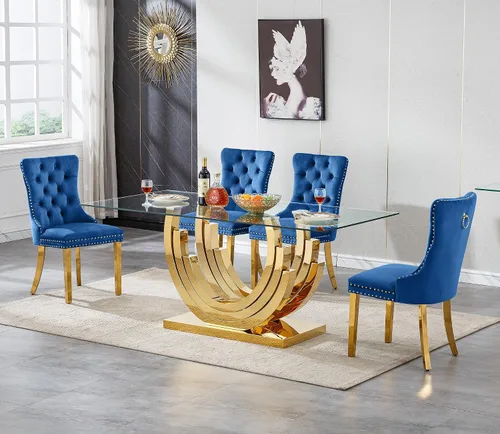 Miniatura 18 de Juego de mesa de comedor de cristal dorado moderno de 70 pulgadas para 4, juego de mesa de comedor rectangular de 5 piezas con tres patas de acero