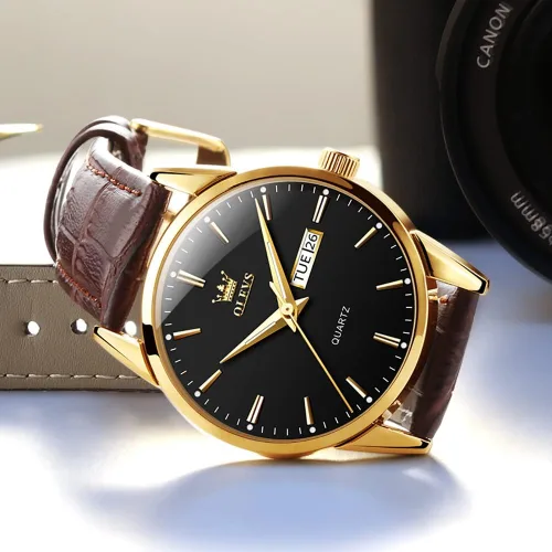 Miniatura 4 de OLEVS Reloj para hombres cronógrafo marrón cuero oro caso analógico cuarzo moda negocios vestido grande hombres reloj día fecha luminoso impermeable