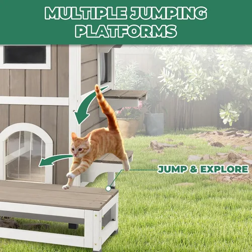 Miniatura 3 de Casa para gatos al aire libre resistente a la intemperie, casa de madera para gatos de dos pisos con techo que se puede abrir, 4 puertas, balcón