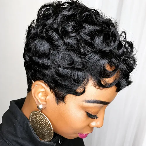 Miniatura 18 de MOONSHOW - Pelucas cortas de corte Pixie para mujeres negras, peluca de corte Pixie marrón Short Pixie Wigs for Black Women Natural Layered Short