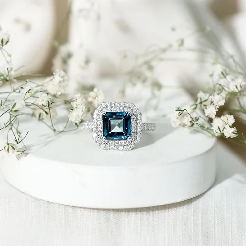 Miniatura 2 de Anillo de compromiso natural de corte Asscher con topacio azul Londres con moissanita, calidad AAA, anillo de compromiso de doble halo certificado