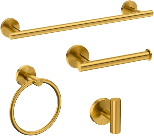 USHOWER Juego de accesorios de baño de oro cepillado, juego de toallero de 18 pulgadas montado en la pared, juego de accesorios de baño de acero Oro