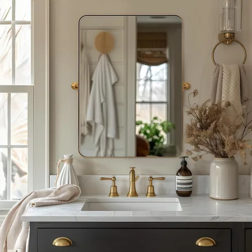 Miniatura 3 de ANDY STAR Espejo pivote dorado cepillado de 20 x 30 pulgadas para baño, espejo de baño con marco de metal de latón para pared, espejo de pared