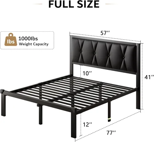 Miniatura 2 de iPormis Marco de cama tamaño matrimonial de metal, cama con cabecera tapizada con botones de piel sintética, soporte de listones resistentes, 30 cm